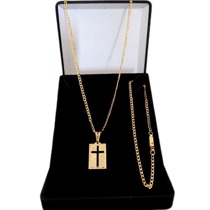 Kit Corrente Cordão e Pulseira Masculina Fina Banhada a ouro 18k pingente Cruz plaquinha