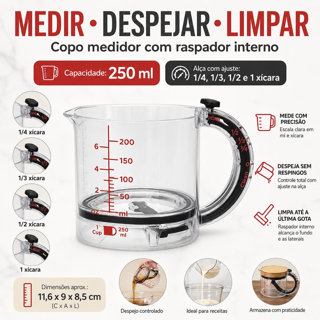 Medidor Dosador Transparente 1 Cup com Escala ml e oz Copo para Receitas Confeitaria e Cozinha