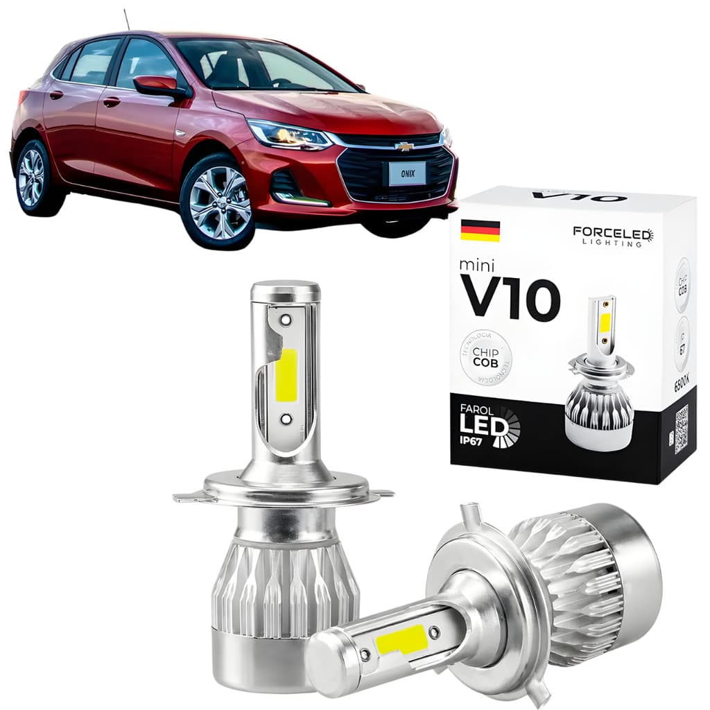 Kit Led de Farol Chevrolet Onix Full Mini V10 (2 Lamp.) H3 IP67 ChipCob 6500K Cor Branca Com Leve Azulado