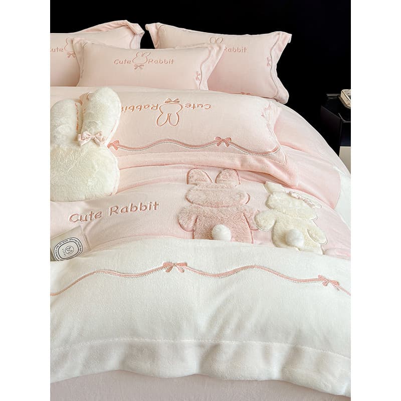 W inverno dos desenhos animados classe A velo cama conjunto de quatro peças manter quente coelho colcha capa Coral velo