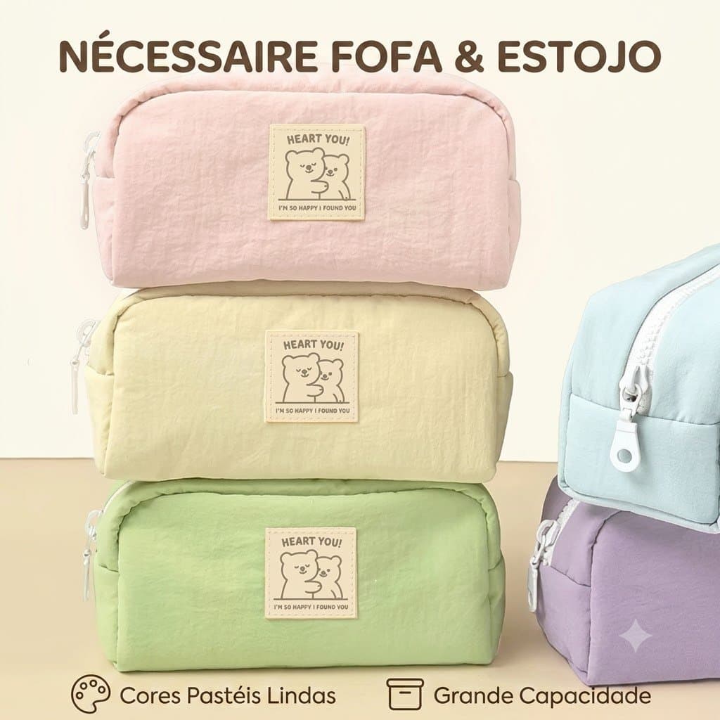 Estojo Escolar Fofo Ursinho Azul+Pingente Estrela Grátis|Necessaire Kawaii Maquiagem|Porta-Lápis Feminino Material 2026