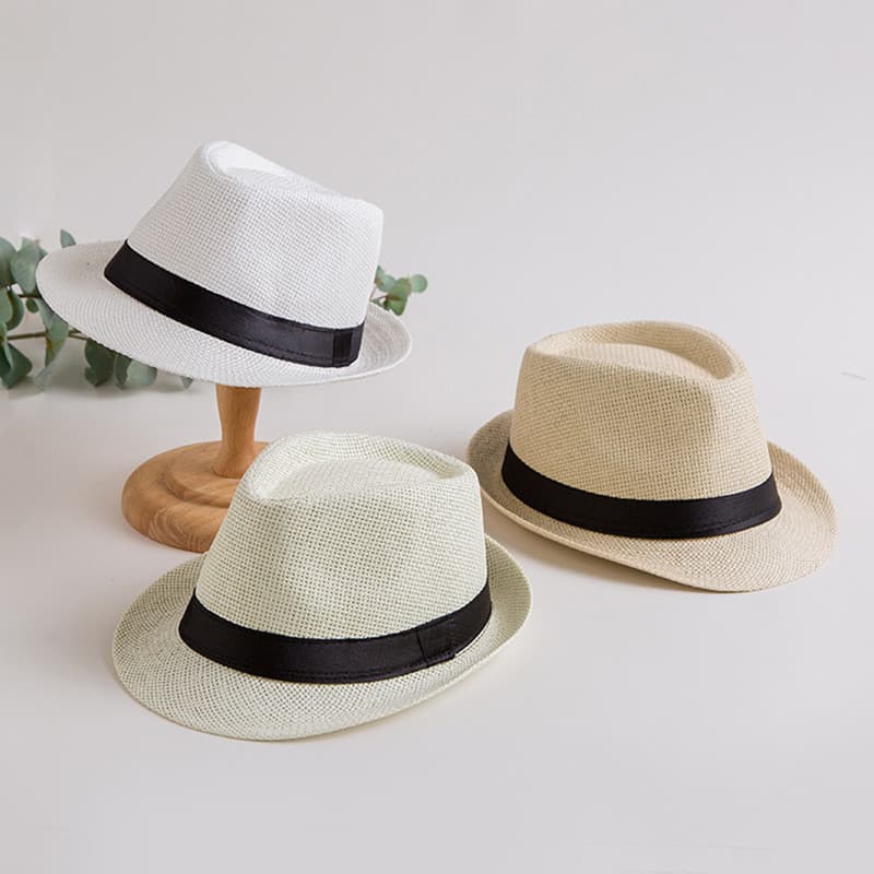 Moda Masculina Chapéu De Palha Para O Verão Na Praia Chapéus De Sol Cor Sólida Fedoras Fita Casual Cowboy Jazz Boné