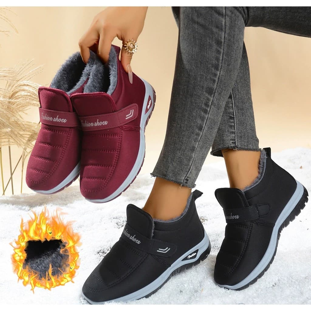 Botas de inverno femininas quentes de algodão com forro de lã, botas de neve casuais simples, tamanho grande, pretas e v
