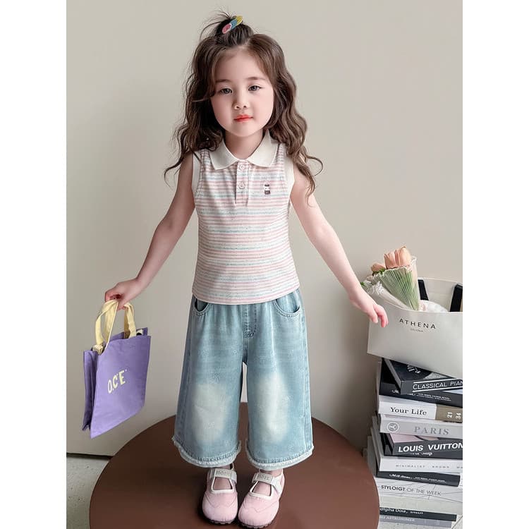 Meninas versão coreana sem mangas terno verão 2026 novo estilo crianças verão colete Jeans terno de duas peças roupas de