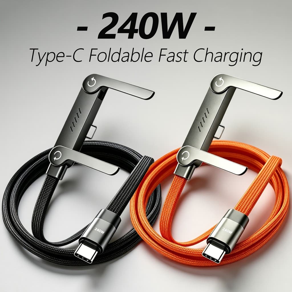Cabo de carregamento rápido USB C de 240 W com suporte dobrável para telefone, 360°Cabo de dados tipo C trançado de Nylo