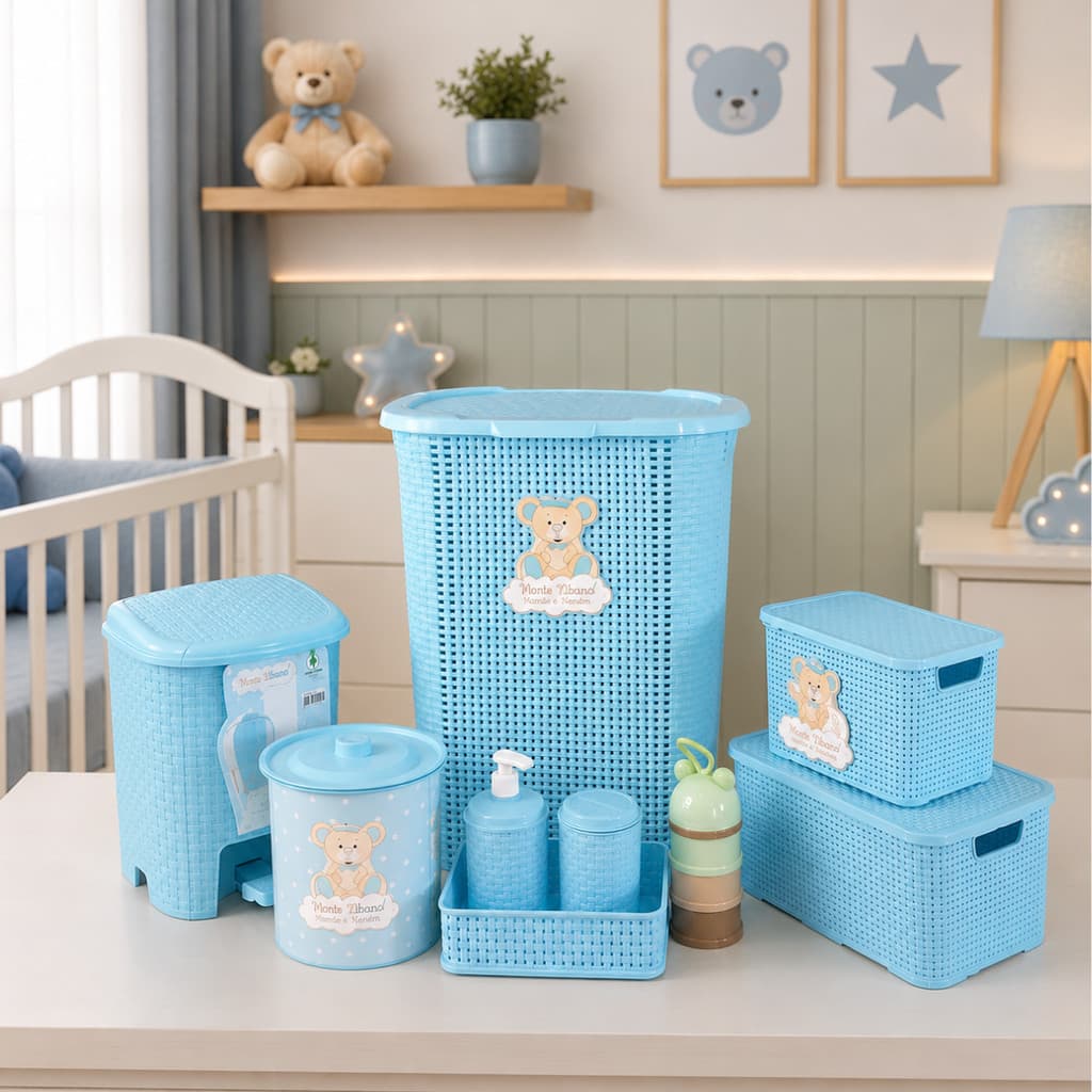 Kit Completo para Quarto de Bebê Organizador Azul Rattan com Porta Leite em Pó