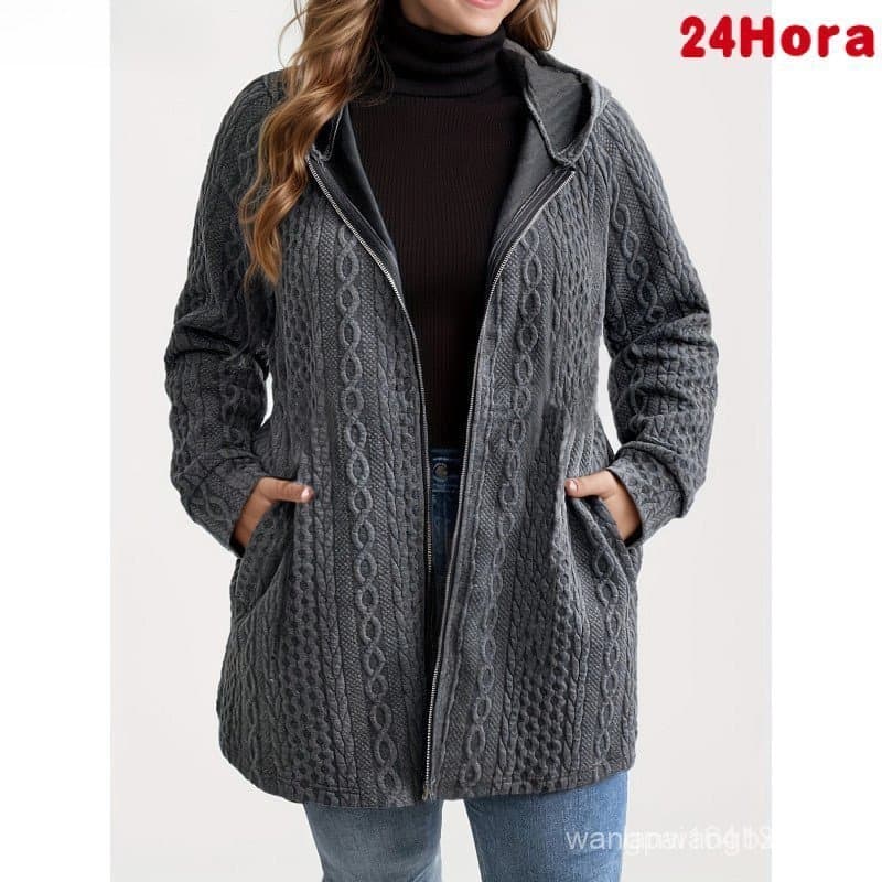 Jaqueta Feminina Casual Solta com Capuz em Cor Sólida com Detalhes em Patchwork e Bolsos Ondulados