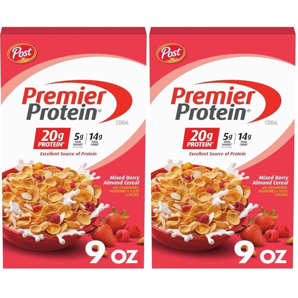 Cereal Post Premier Protein Mixed Berry Almond, cereal rico em proteínas, café da manhã ou lanche rico em proteínas feit