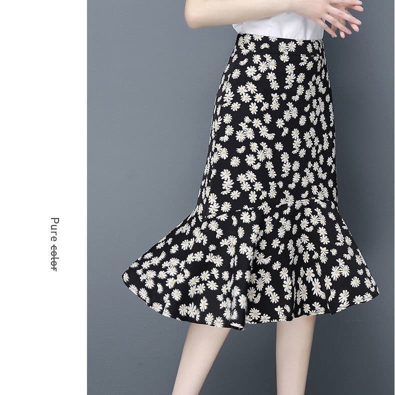 Saia feminina verão Chiffon 2024 verão Irregular preto meados de comprimento cintura alta mais magro olhar babados Fisht