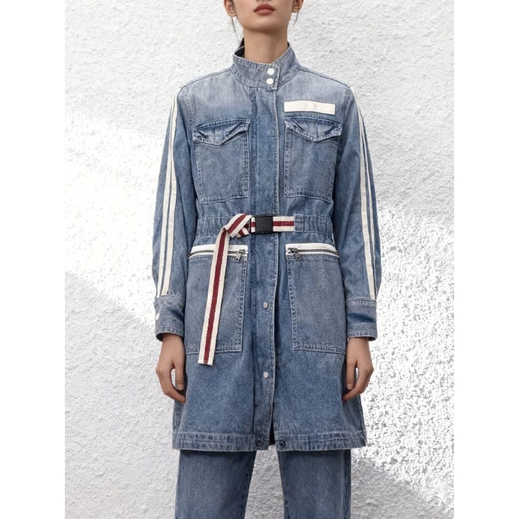[Bem-estar de 38 seções] Capaz JEANS jaqueta feminina primavera gola alta espartilho JEANS corta-vento jaqueta de compri