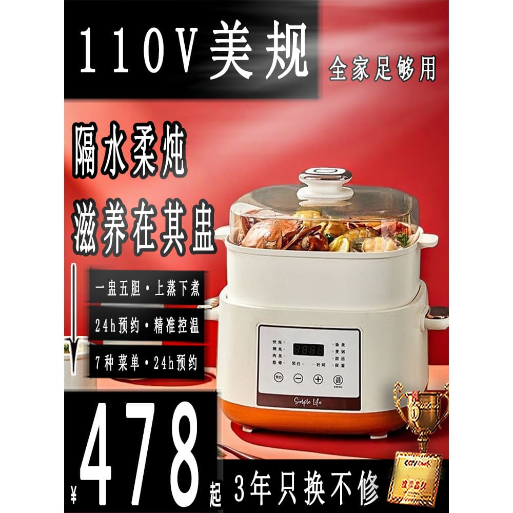 Pote de guisado elétrico 110V, à prova d'água, doméstico, automático, cerâmica, ninho de pássaro, sopa, panela de guisad