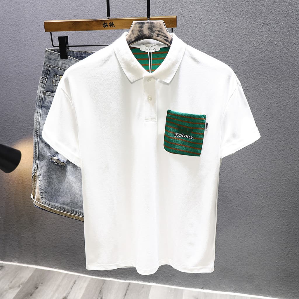 Verão lapela ferramentas bolso Street Wear listrado manga curta camiseta masculina camisa POLO solta cor sólida All-Matc