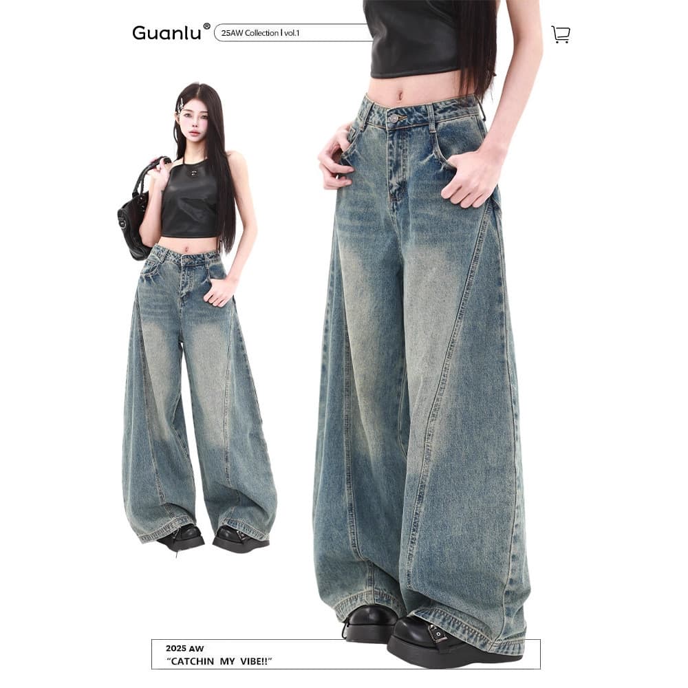 Calças jeans femininas estilo retrô americano com efeito rachado, modelo folgado e de perna larga para o outono.