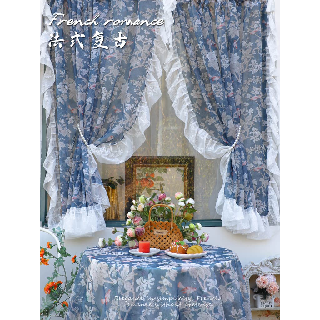 Cortina de gaze com borda de renda retrô francesa, sem perfuração, 2026, novo estilo, Pastoral, Floral, quarto, janela s