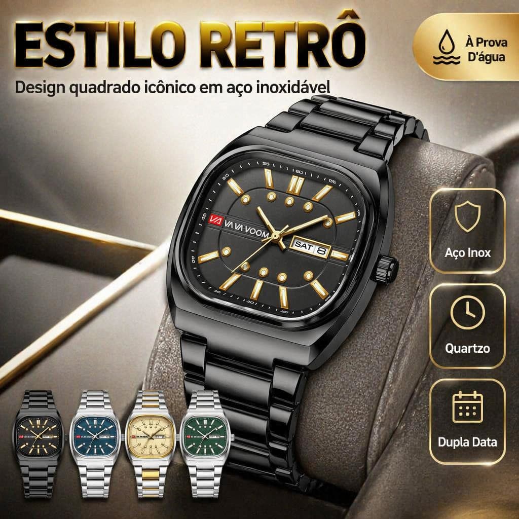 Relógio Masculino Retrô Quartzo Aço Inoxidável Duplo Calendário Relógio Empresarial Retangular à Prova D'água Relógio