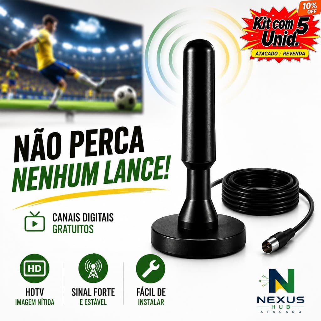 KIT3/5 Antena TV Digital 4K À Prova d'Água Base magnética| Interna Externa Cabo 5m | UHF VHF FM Alta Sensibilidade