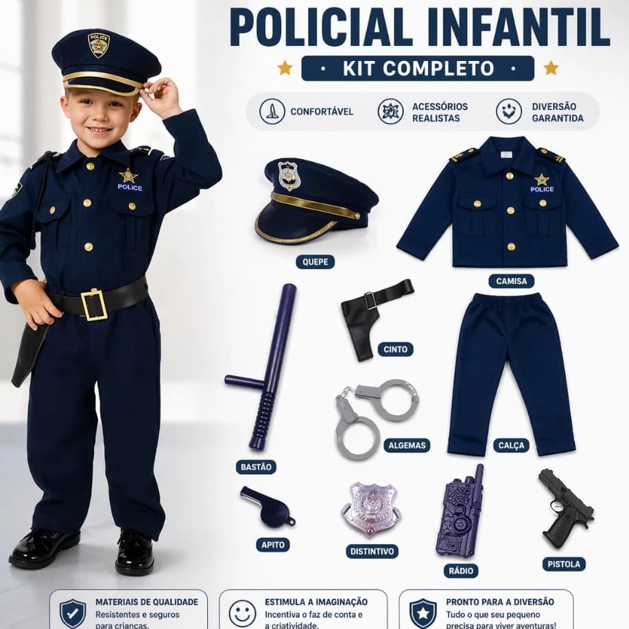Fantasia Uniforme de polícia para crianças 8 pçs de dramatização+Acessórios/90-130 CM