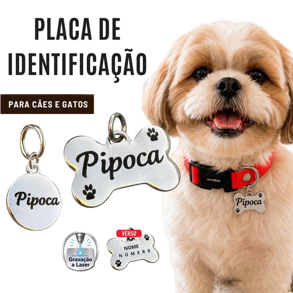 Plaquinha De Identificação Em Semi Joia Personalizada Luxo Para Cachorro E Gato Com Nome Cor Prata