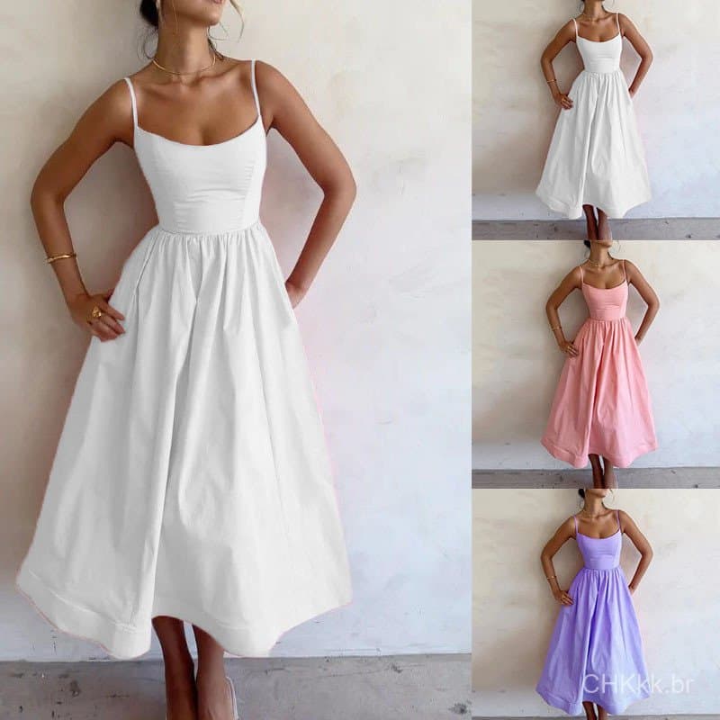 Saia de moda de dopamina de cor sólida cintura alta vestido com suspensórios para mulheres (24330)