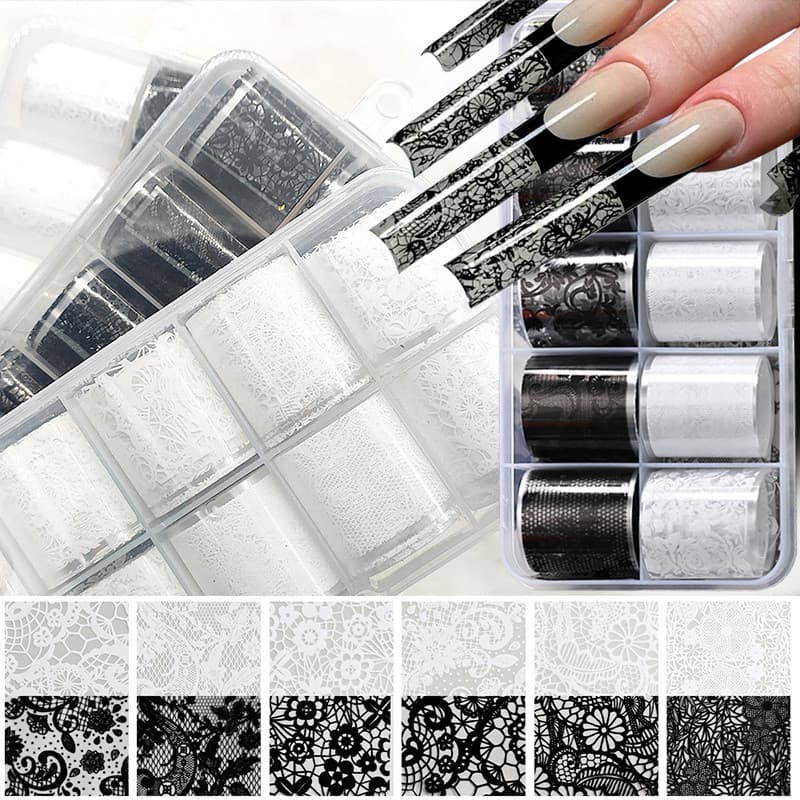 10 Rolos/Caixa Branco Preto Renda Folha De Arte Do Prego Adesivos Decalques De Transferência De Flores DIY Manicure Deco