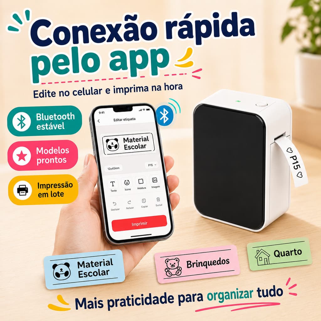 Mini Impressora de Etiquetas Térmica Portátil Bluetooth Sem Tinta Recarregável para Casa Escritório Organização