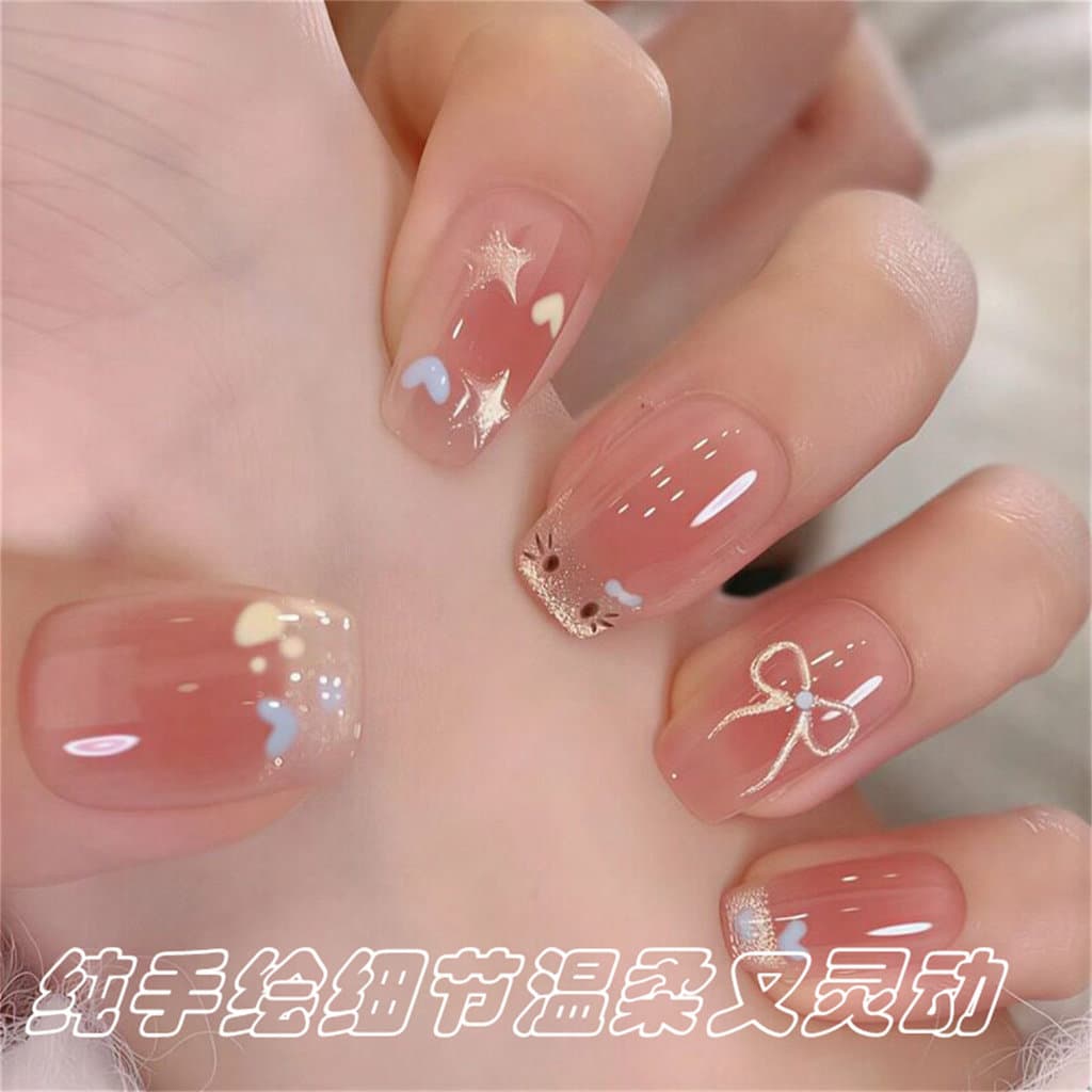 Unhas postiças artesanais, divertidas, fofas e versáteis, em cor nude, para meninas, com designs de coração e borboleta,