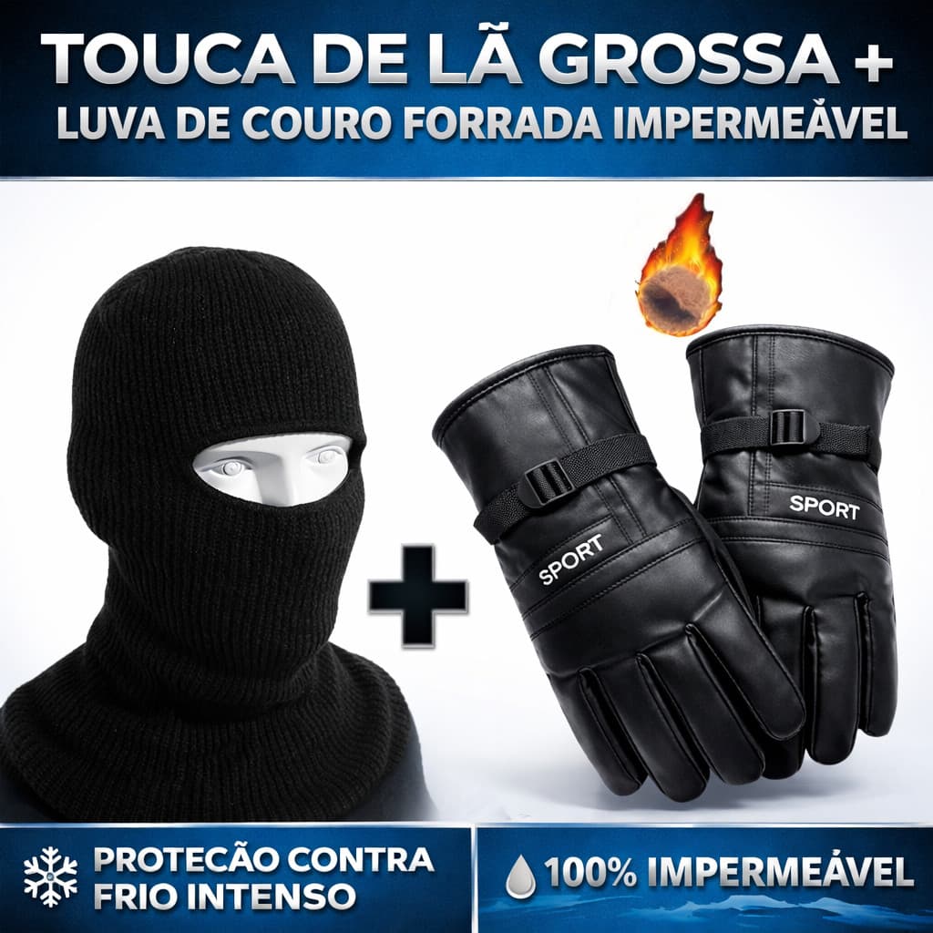Kit Touca Ninja Balaclava + Luva De Couro Impermeável Térmica Motoqueiro Motociclista