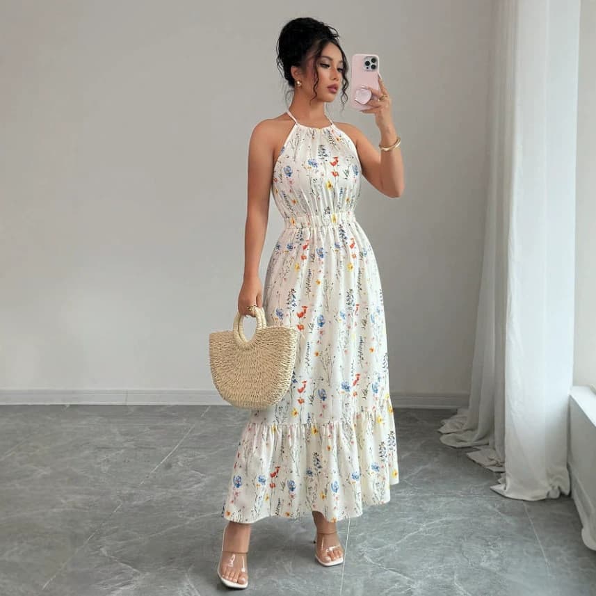 Pronto estoque novo estilo 2026 europeu americano independente em pé francês Halterneck vestido Floral verão cintura est