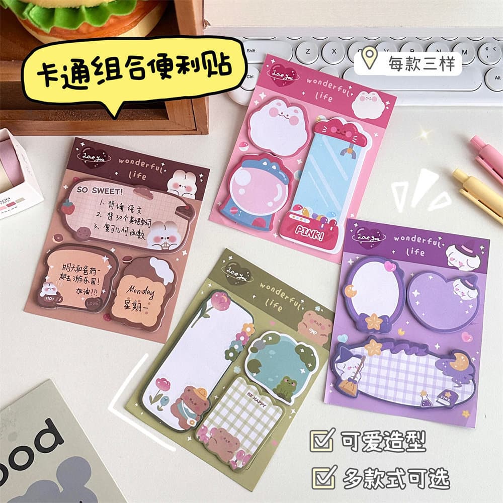 Novas notas adesivas combinadas em estilo cartoon para meninas, adesivos criativos em formato especial estilo ins, notas