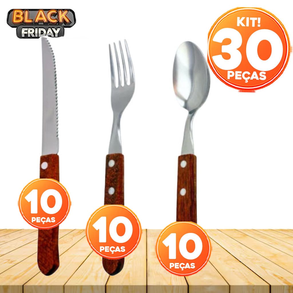 Kit 30 Talheres de Aço Inoxidável com Cabo de Madeira - 10 Facas, 10 Garfos e 10 Colheres