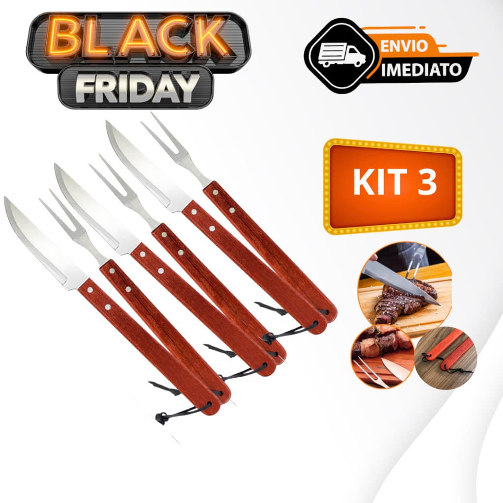 Kit 3 Jogo De Churrasco Clássico Cabo Grande 37 cm Faca e Garfo Cabo Madeira
