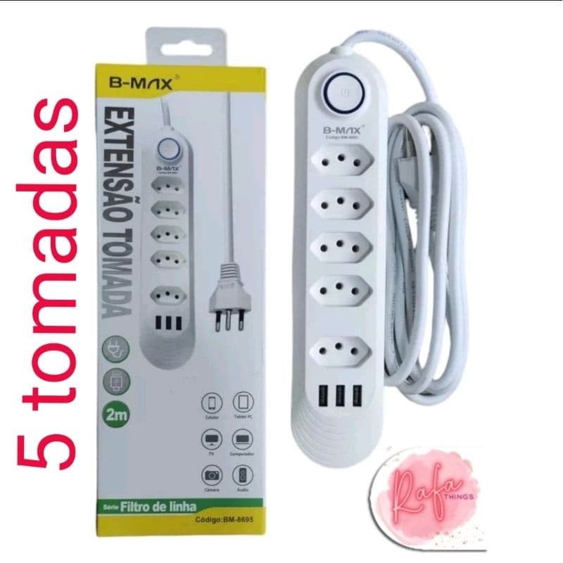 Extensão Elétrica Régua 5 Tomadas 3 Usb Mesa de computador Bivolt Padrão Abnt ORIGINAL B-MAX