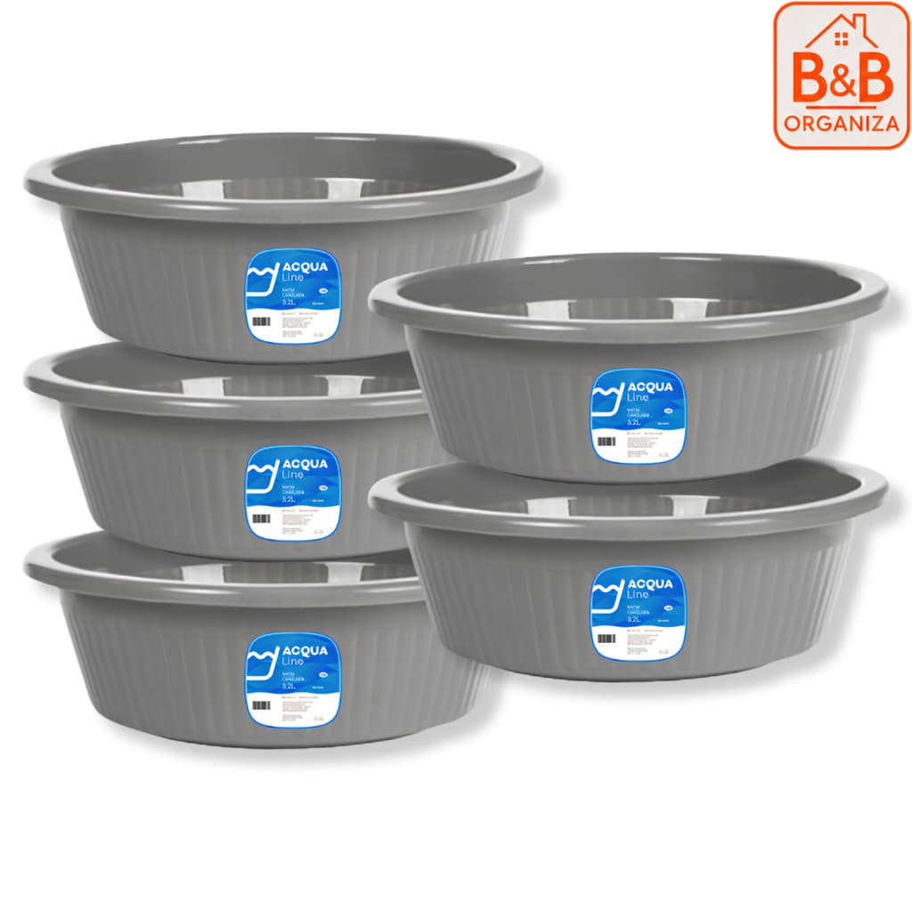 Kit Bacias Plásticas 5 Peças 3,2 Litros Redonda Canelada Reforçada Para Cozinha Lavanderia Organização