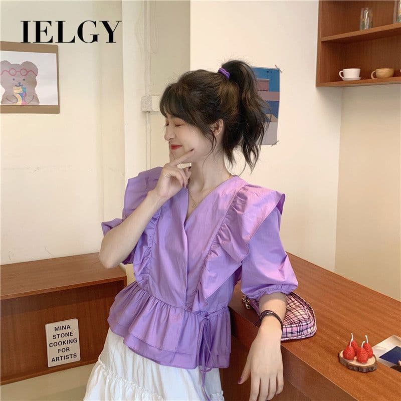 Camisa feminina IELGY com decote em V, verão, cintura estreita, manga curta