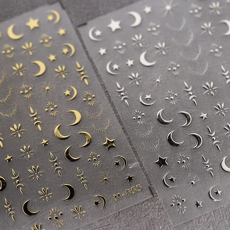 Adesivos de arte para unhas com motivo de estrela e lua em relevo dourado, decorações 3D DIY.