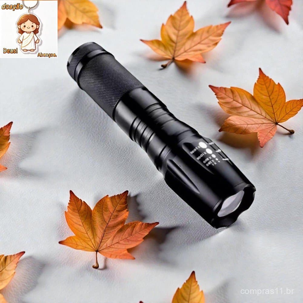 Mini lanterna tática portátil com zoom telescópico, recarregável via USB.