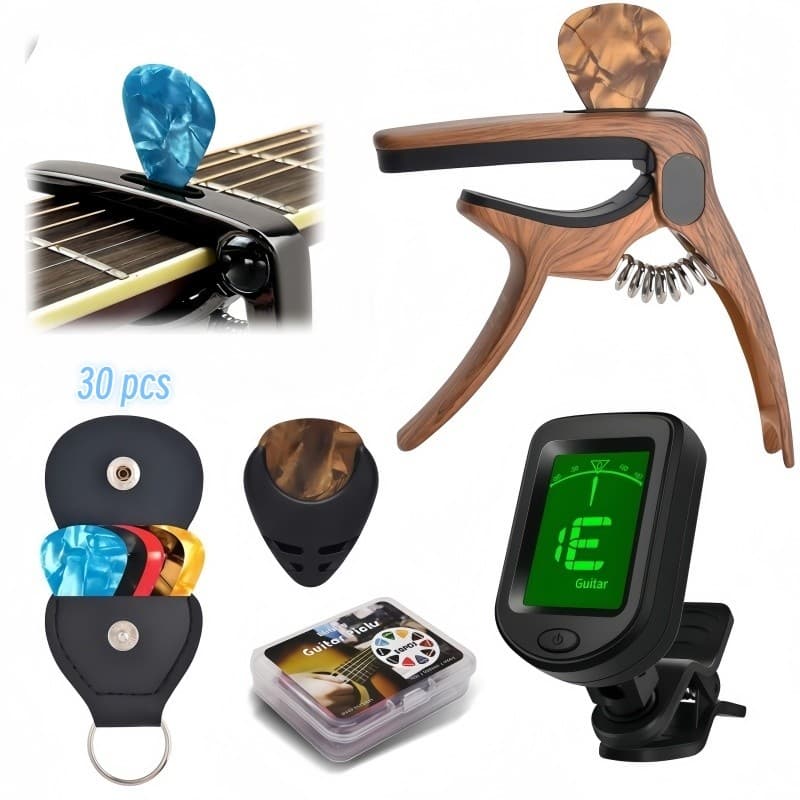 Kit Afinador Digital Capotraste Porta Palhetas 30 Palhetas Bateria - Violão Guitarra Baixo Ukulele
