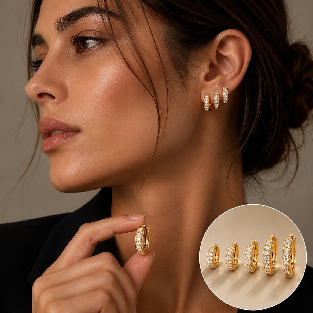 Kit 3 Pares De Brincos Argola Cravejada Com Zircônia Cobre Banhado A Ouro Fecho Articulado Fácil De Usar E Combinar