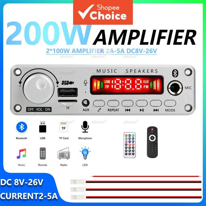 Módulo Amplificador Bluetooth 2x100W DC 8V-26V com Controle Remoto para Som Residencial e Automotivo