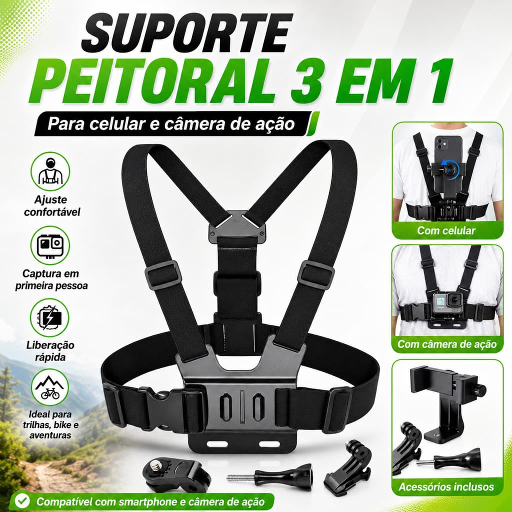 🔥🔥 Suporte De Peito Para Gravação 1º Ângulo | Compatível Celular E GoPro Resistente Para Esportes