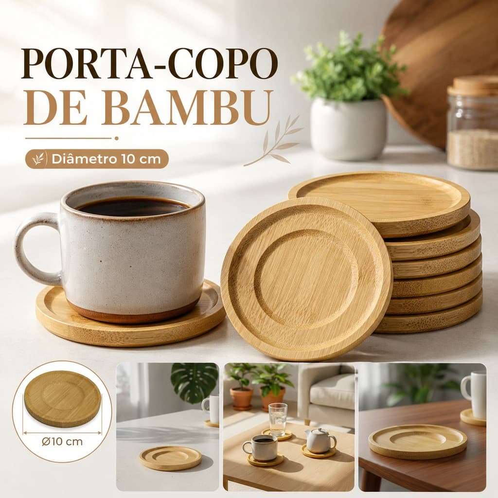 Kit Porta Copos Descanso Redondo Pires Xicara Bambu 6 Unid