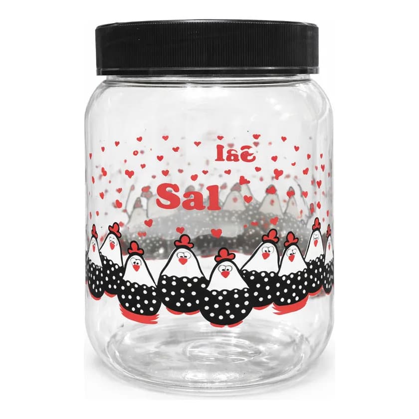 Pote Hermético Para Sal 1000 Ml Decoração Galinha Cozinha Branco Conjunto Tampa Preta de Rosca