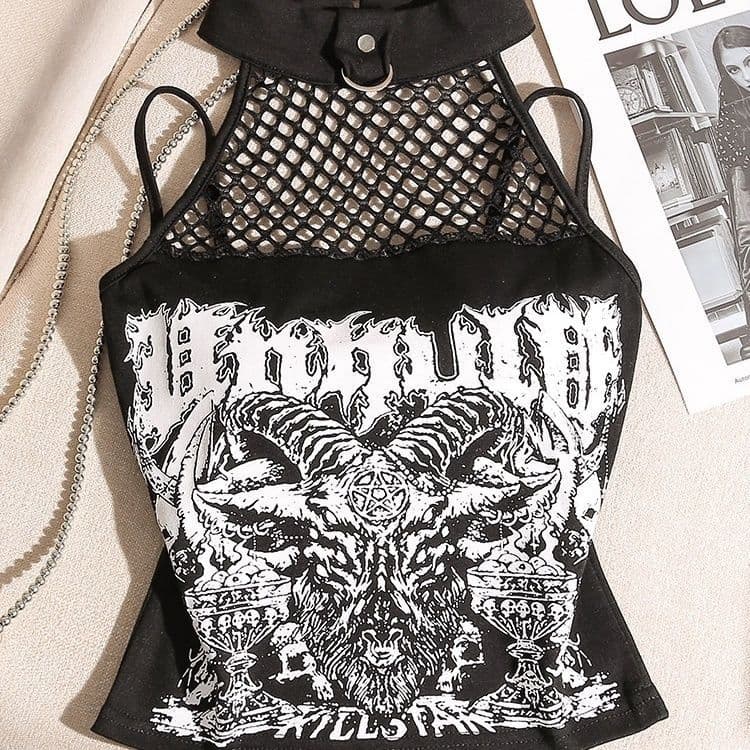 2026 novo estilo tamanho grande gótico escuro oco Retro Punk fino-ajuste Fishnet camisola impressa colete feminino curto