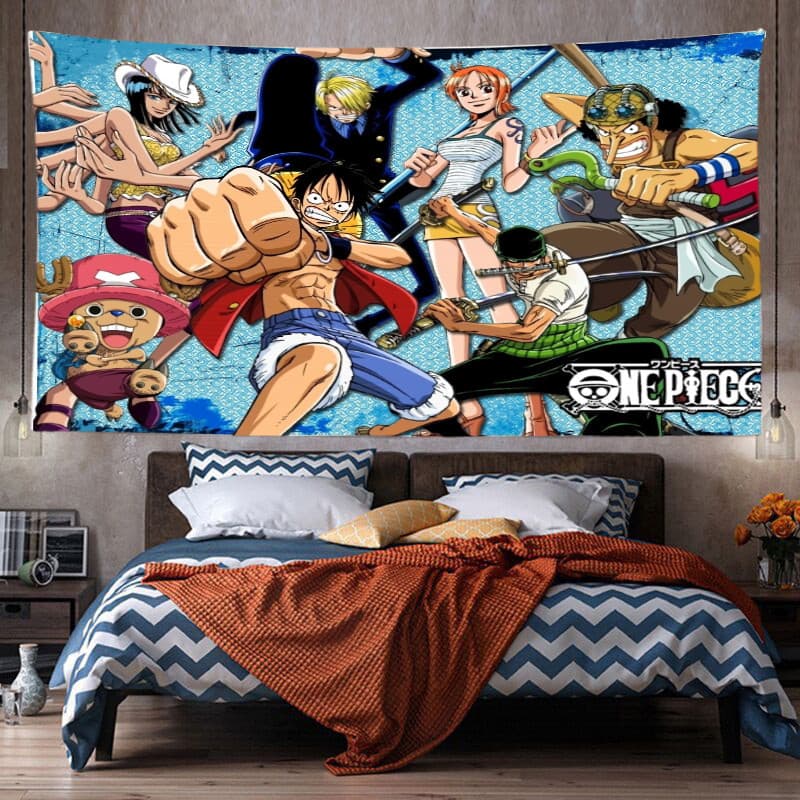 Tapeçaria Luffy Crew – Decoração De Quarto De Dormitório De Anime Para , Sala De Estar , Banner Suspenso De Poliéster Vi