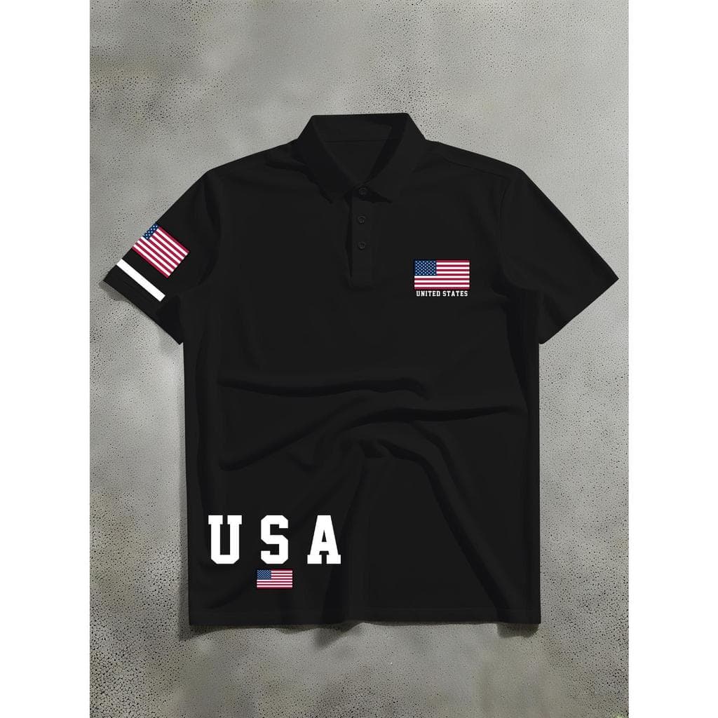 Polo de Manga Curta Estilo Americano Masculino Fashion | Texto USA e Bandeira Americana Retro para Saídas/Trendy, Roupa