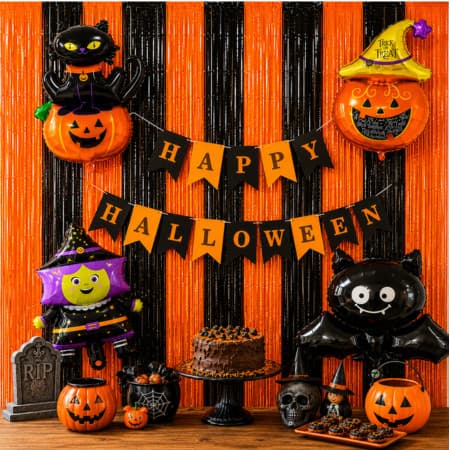 Kit Decoração Halloween Painel Metalizado Laranja Preto ,balões Cenário para Fotos e Festa