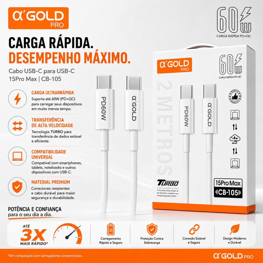Cabo Tipo C- Tipo C Turbo 60W Carregamento super rápido original A’Gold Cabo PD Tipo c