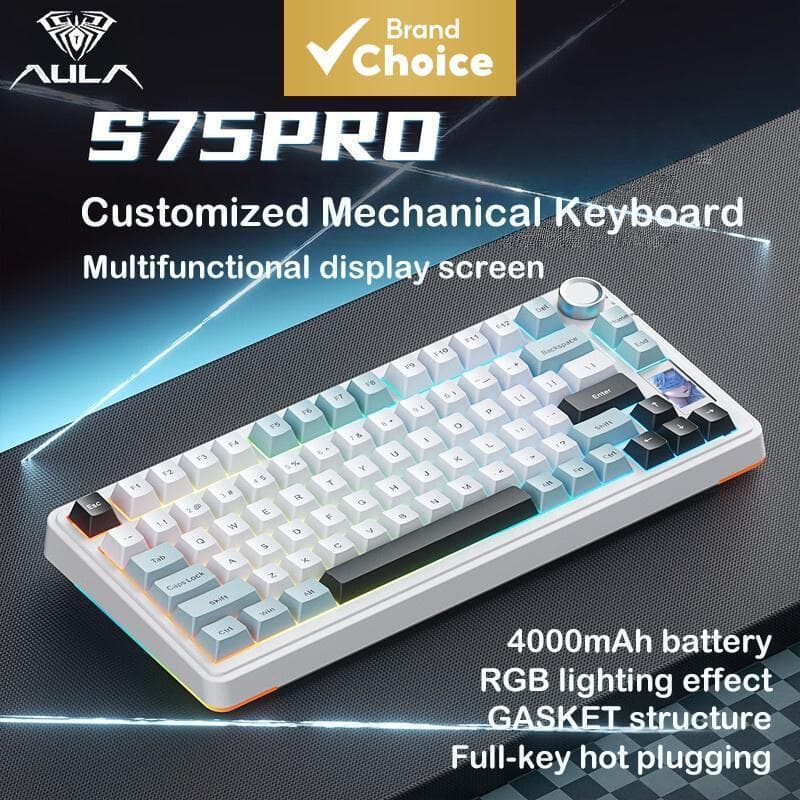 Teclado Mecânico Sem Fio AULA S75Pro, Estrutura em Gaxeta, Troca a Quente de Todas as Teclas, Iluminação RGB,