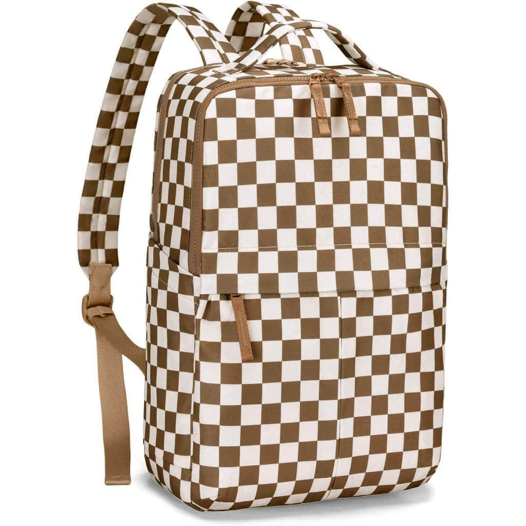 Mochila Feminina Xadrez, Mochila Fashion para Laptop, Mochila de Viagem e Uso Diário com Múltiplos Compartimentos (Marro