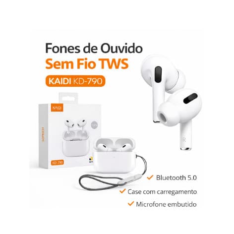 Fone Bluetooth Kaidi KD790 Original TWS Som Alto + Mic Bateria 6h Envio Imediato